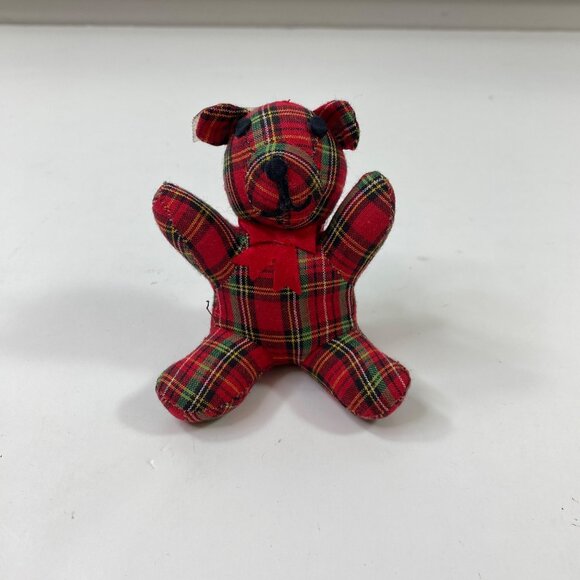 Ornamet Set Red Green White Tartan Plaid Mini Teddy Bear Bow Red Crayon - Picture 2 of 13